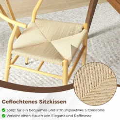 2er Set Esszimmerstühle Küchenstühle mit Y-förmiger Rückenlehne & geflochtenes Rattan-Sitzkissen Akzentstühle stapelbar Natur