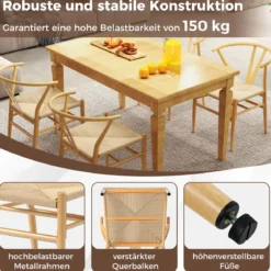 2er Set Esszimmerstühle Küchenstühle mit Y-förmiger Rückenlehne & geflochtenes Rattan-Sitzkissen Akzentstühle stapelbar Natur