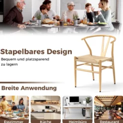 2er Set Esszimmerstühle Küchenstühle mit Y-förmiger Rückenlehne & geflochtenes Rattan-Sitzkissen Akzentstühle stapelbar Natur