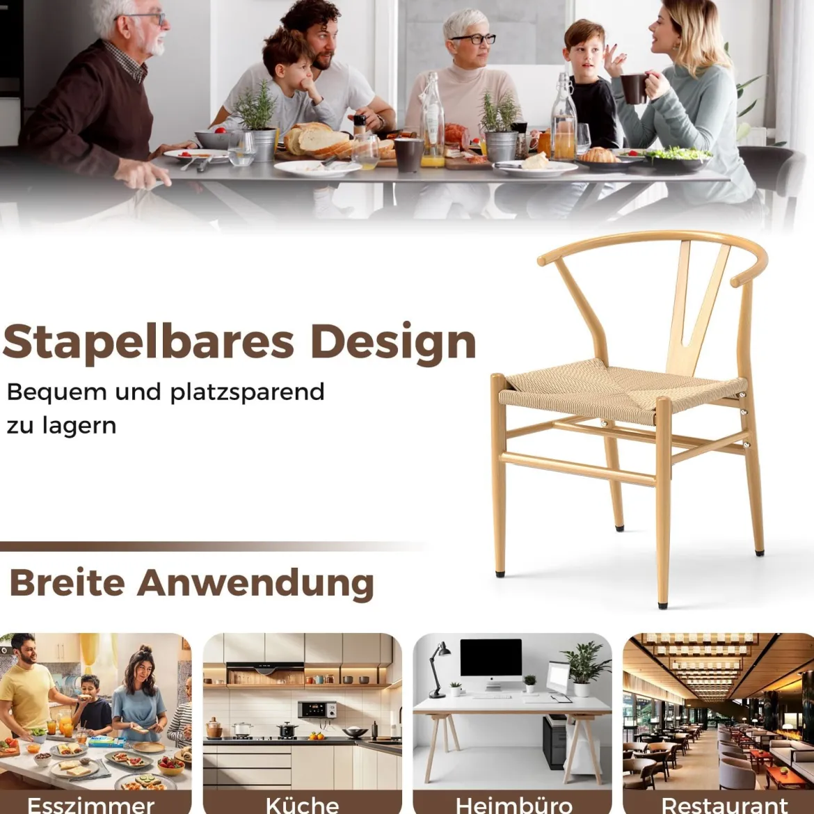 2er Set Esszimmerstühle Küchenstühle mit Y-förmiger Rückenlehne & geflochtenes Rattan-Sitzkissen Akzentstühle stapelbar Natur