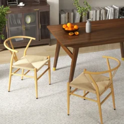 2er Set Esszimmerstühle Küchenstühle mit Y-förmiger Rückenlehne & geflochtenes Rattan-Sitzkissen Akzentstühle stapelbar Natur