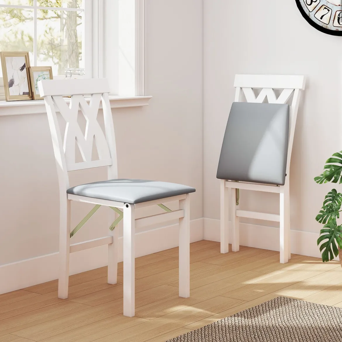 2er Set Esszimmerstühle Klappbarer Küchenstuhl mit Gepolsterter Sitz Klappstuhl Beistellstuh Weiß