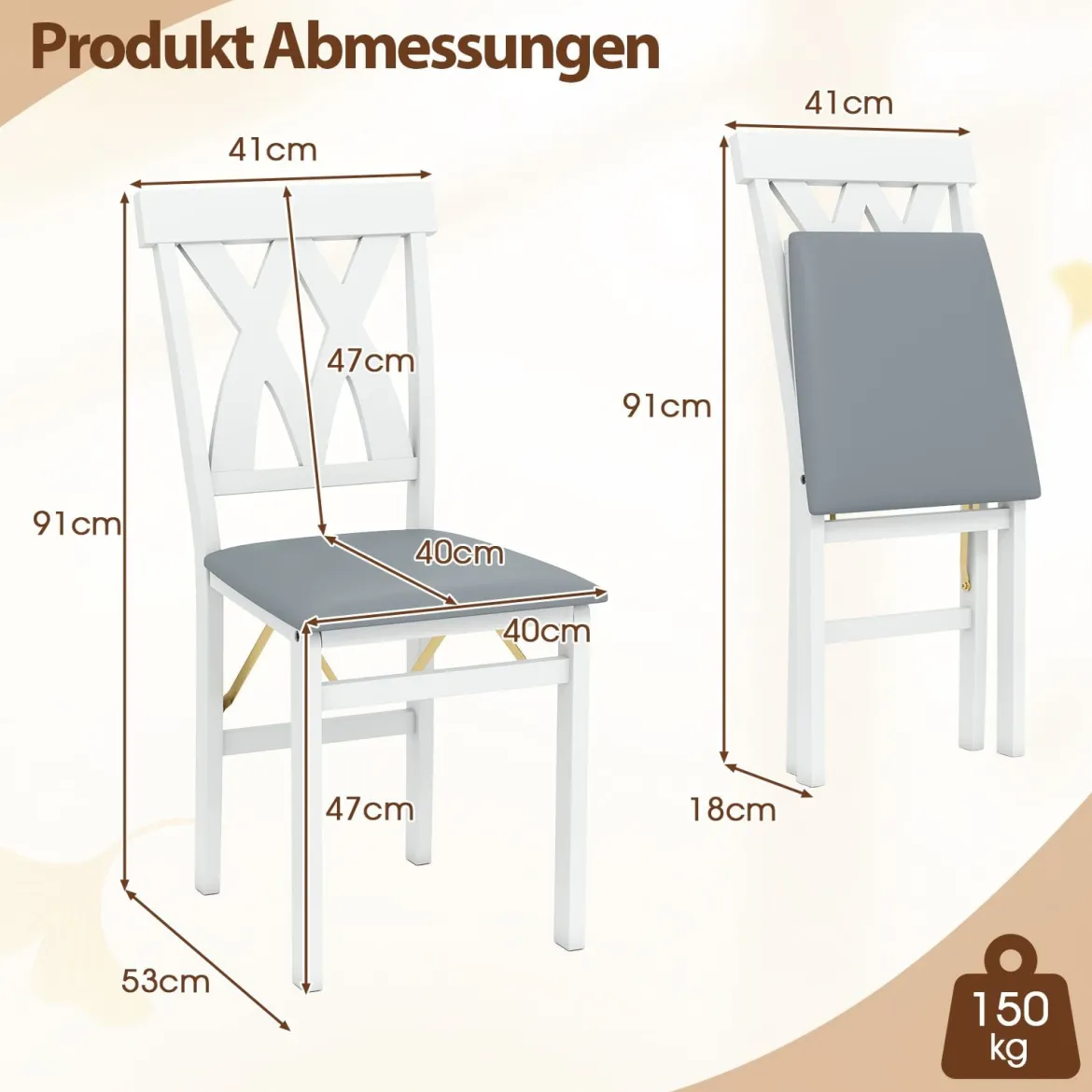 2er Set Esszimmerstühle Klappbarer Küchenstuhl mit Gepolsterter Sitz Klappstuhl Beistellstuh Weiß