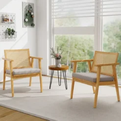 2er Set Esszimmerstühle mit Atmungsaktivem Rattan-Rücken & Abnehmbarem Sitzkissen