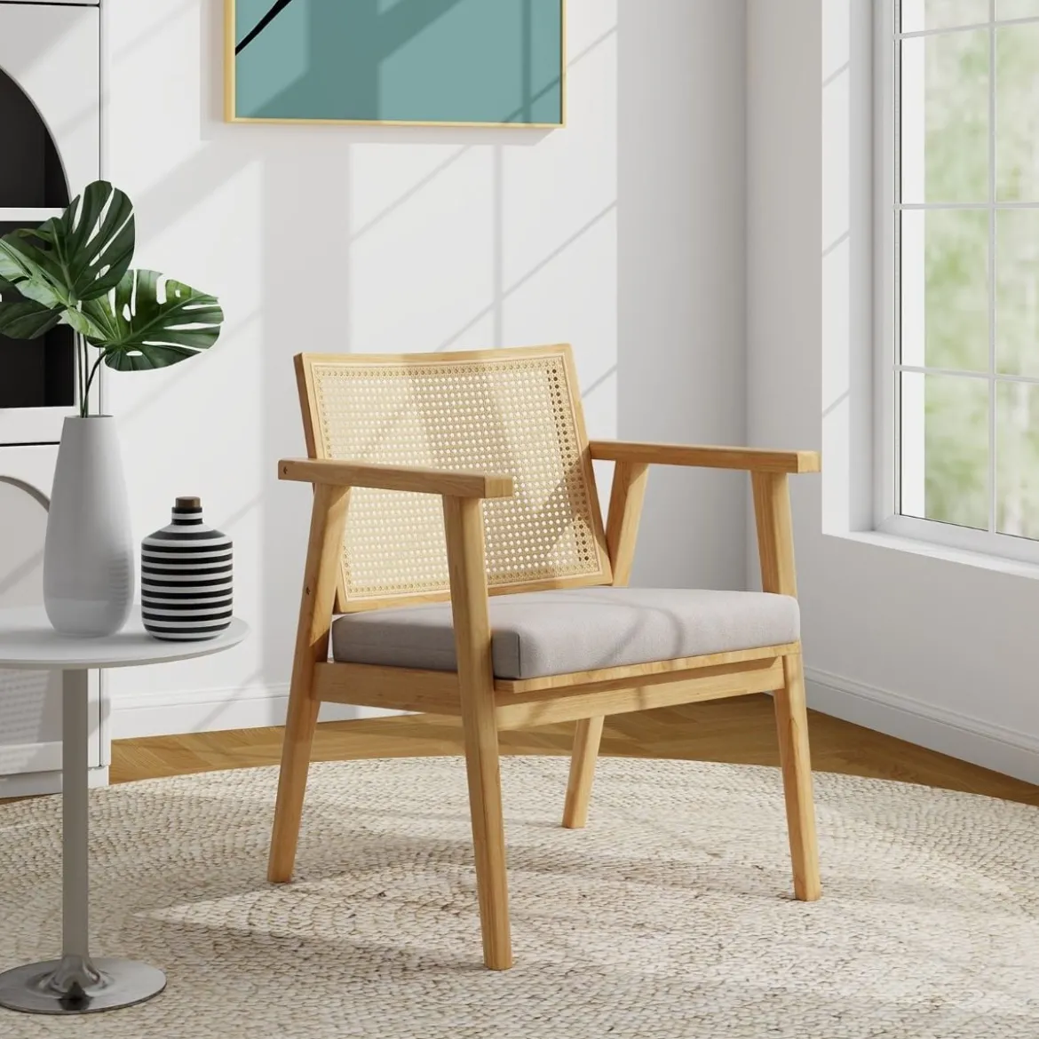 2er Set Esszimmerstühle mit Atmungsaktivem Rattan-Rücken & Abnehmbarem Sitzkissen
