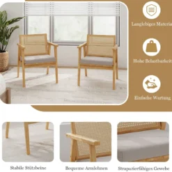 2er Set Esszimmerstühle mit Atmungsaktivem Rattan-Rücken & Abnehmbarem Sitzkissen