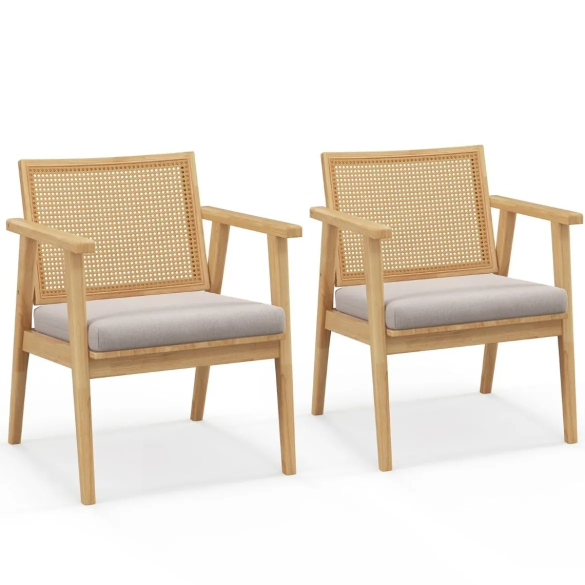 2er Set Esszimmerstühle mit Atmungsaktivem Rattan-Rücken & Abnehmbarem Sitzkissen