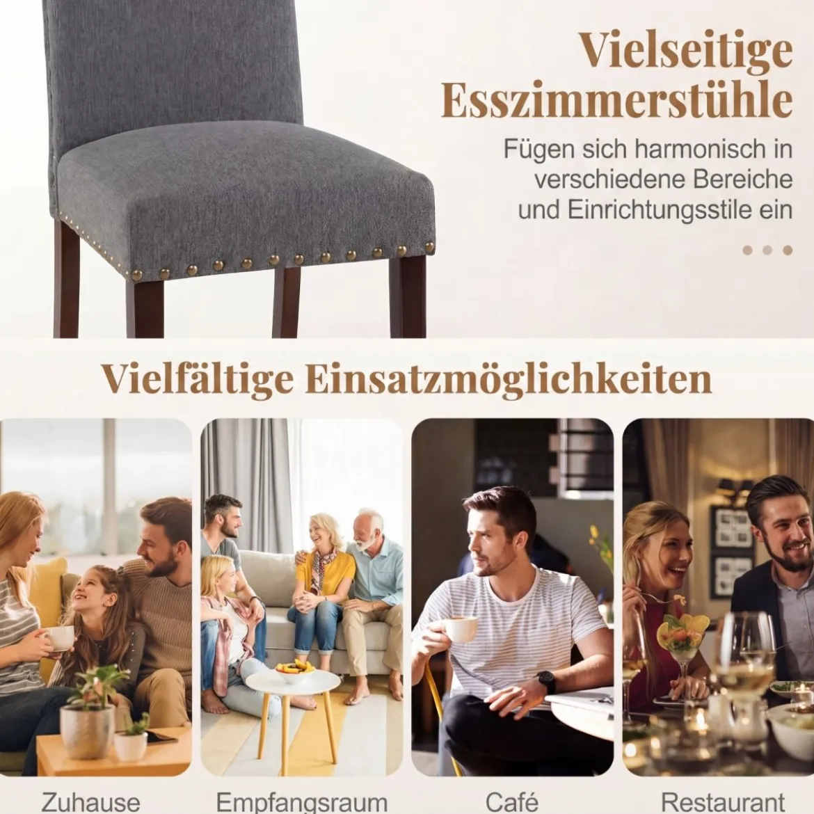 2er Set Esszimmerstühle mit Gepolsterter Sitzfläche & Rückenlehne & Gummiholzbeine Polsterstühle Grau