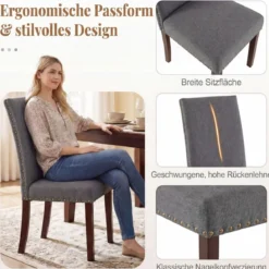2er Set Esszimmerstühle mit Gepolsterter Sitzfläche & Rückenlehne & Gummiholzbeine Polsterstühle Grau