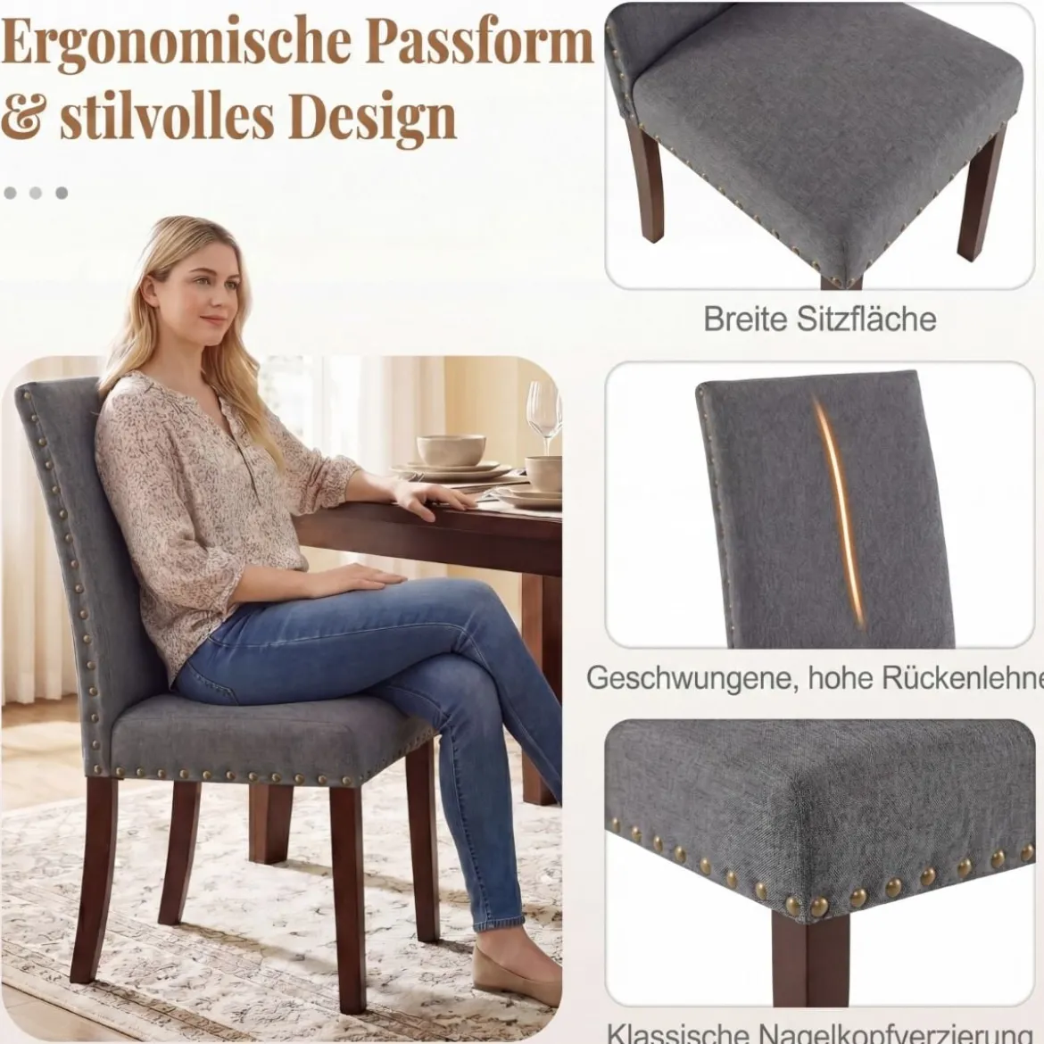 2er Set Esszimmerstühle mit Gepolsterter Sitzfläche & Rückenlehne & Gummiholzbeine Polsterstühle Grau