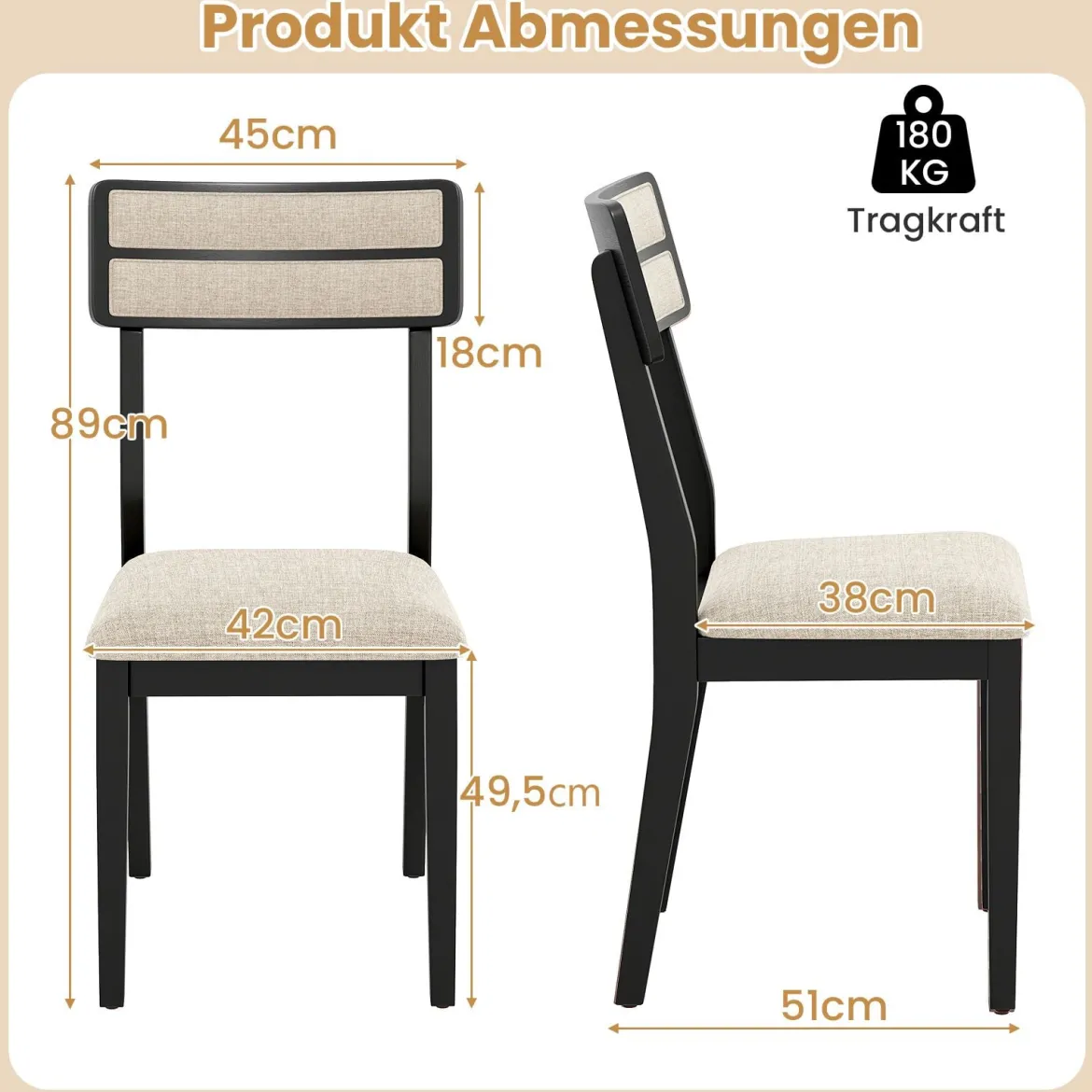 2er Set Esszimmerstühle mit Gepolstertem Sitz & Gummibaumholzbeinen Küchenstühle Essstuhl Schwarz