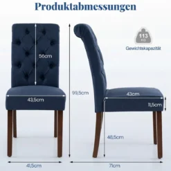 2er Set Esszimmerstühle mit Gepolsterter Sitzfläche & Rückenlehne Polsterstühle Essstühle Blau