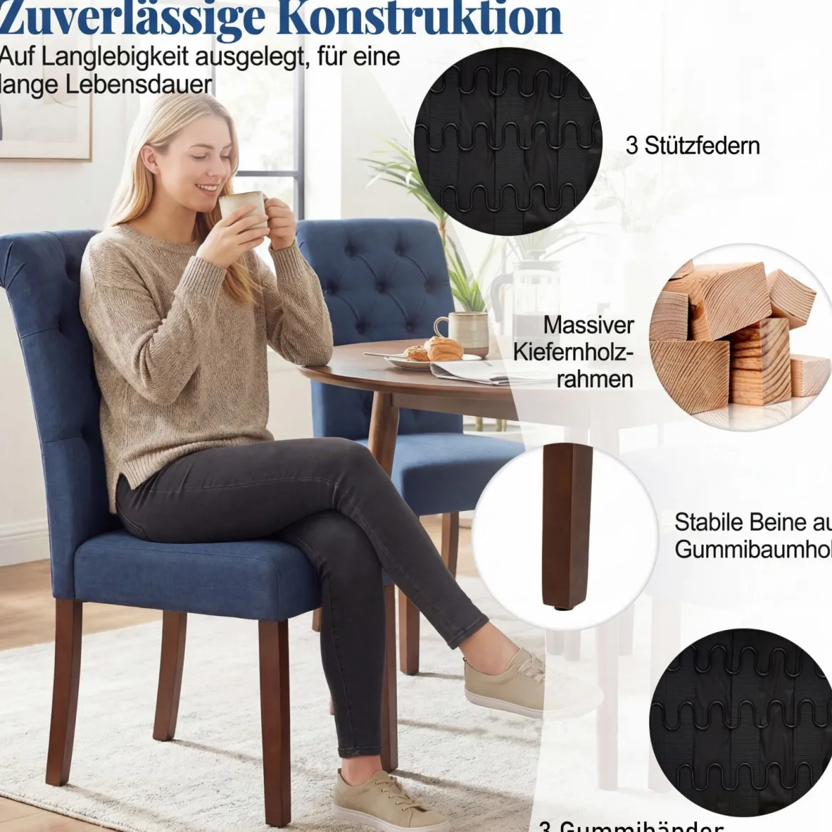 2er Set Esszimmerstühle mit Gepolsterter Sitzfläche & Rückenlehne Polsterstühle Essstühle Blau