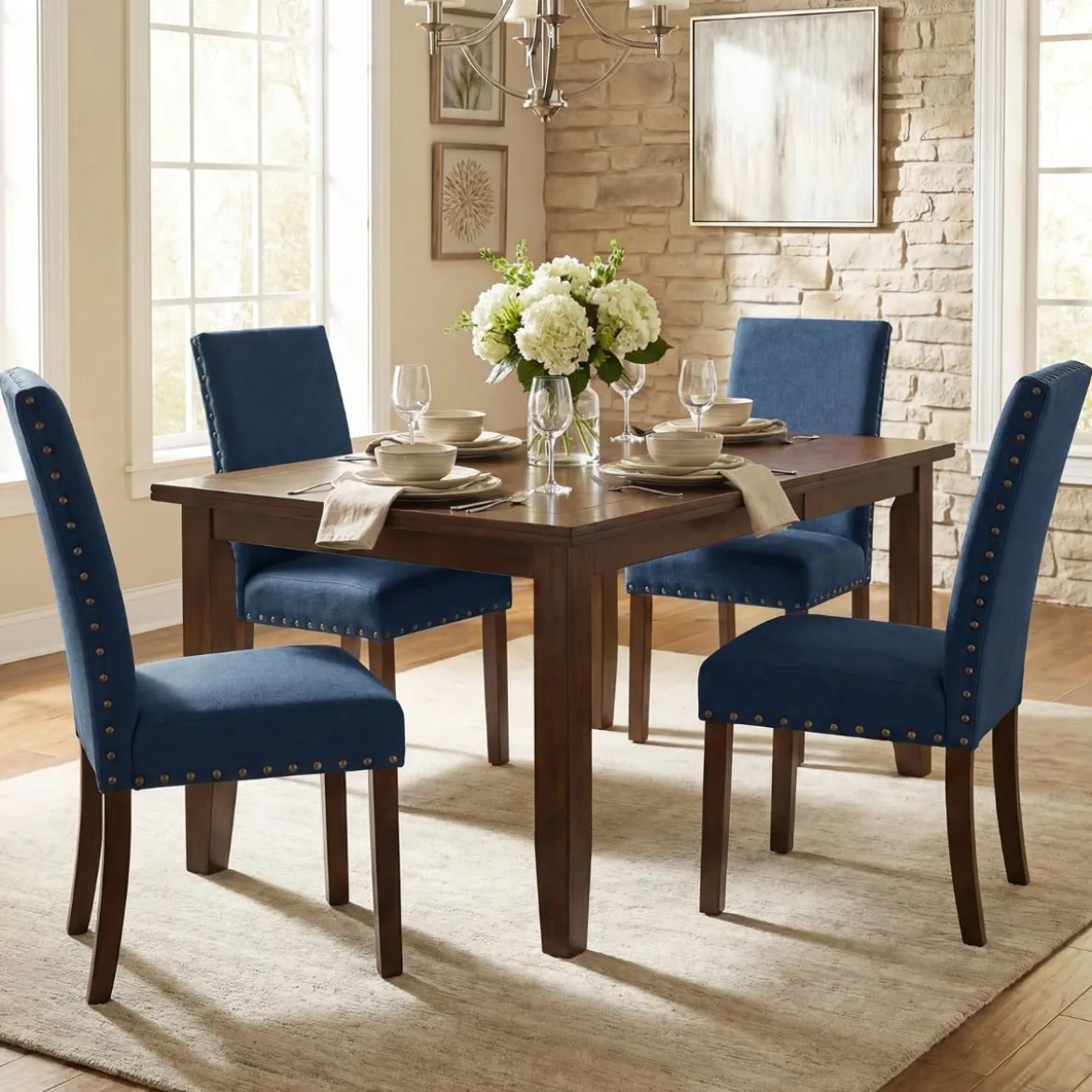 2er Set Esszimmerstühle mit Gepolsterter Sitzfläche & Rückenlehne & Gummiholzbeine Polsterstühle Blau