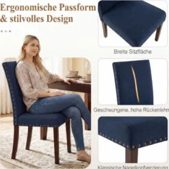 2er Set Esszimmerstühle mit Gepolsterter Sitzfläche & Rückenlehne & Gummiholzbeine Polsterstühle Blau