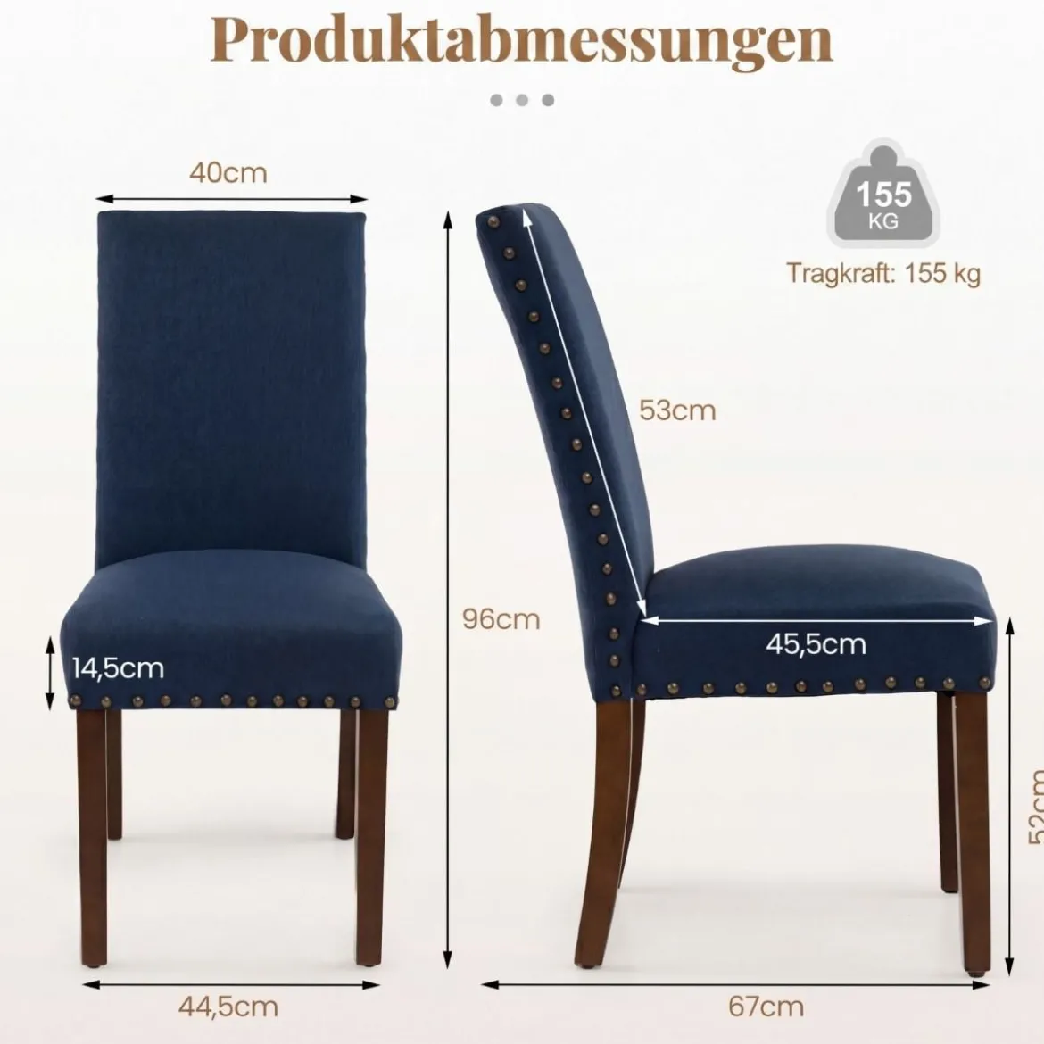 2er Set Esszimmerstühle mit Gepolsterter Sitzfläche & Rückenlehne & Gummiholzbeine Polsterstühle Blau