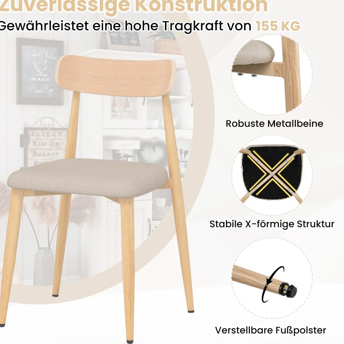 2er Set Esszimmerstühle mit Geschwungener Rückenlehne Gepolsterter Küchenstuhl Essstuhl