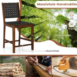 2er Set Esszimmerstühle mit Gewebter Rückenlehne Holzstuhl bis 150 kg Belastbar Schwarz