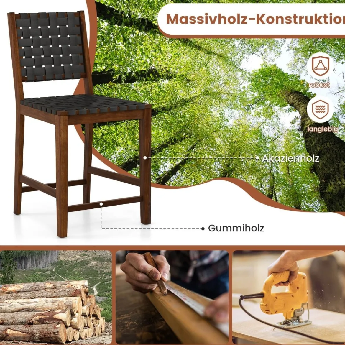 2er Set Esszimmerstühle mit Gewebter Rückenlehne Holzstuhl bis 150 kg Belastbar Schwarz