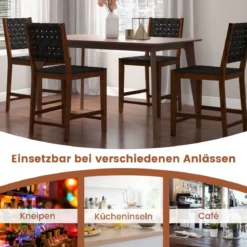 2er Set Esszimmerstühle mit Gewebter Rückenlehne Holzstuhl bis 150 kg Belastbar Schwarz