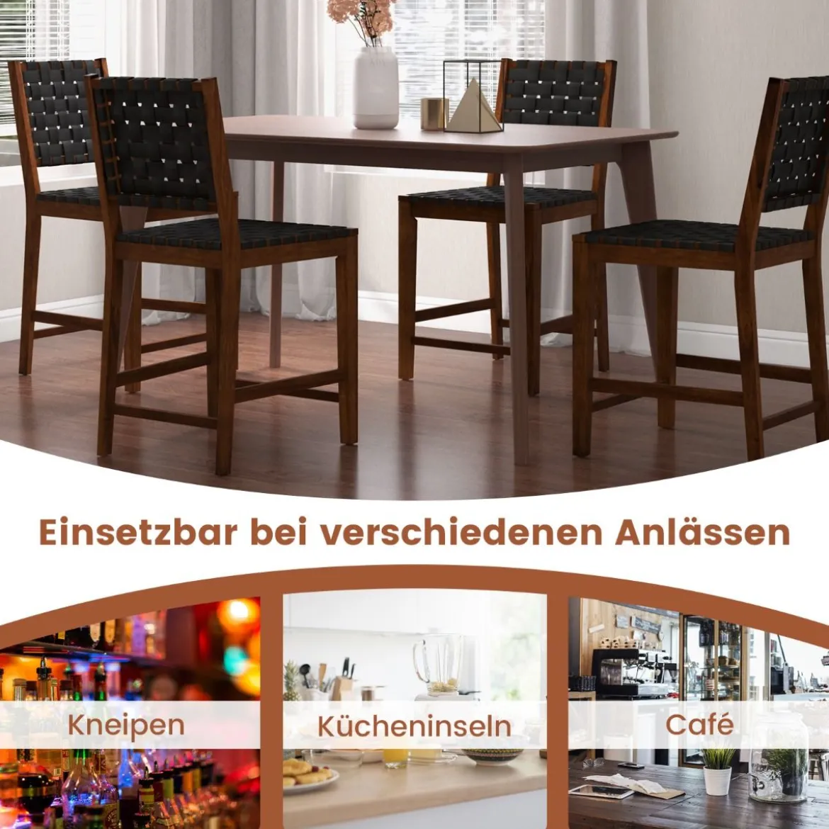 2er Set Esszimmerstühle mit Gewebter Rückenlehne Holzstuhl bis 150 kg Belastbar Schwarz
