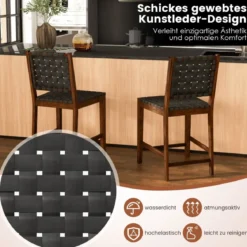 2er Set Esszimmerstühle mit Gewebter Rückenlehne Holzstuhl bis 150 kg Belastbar Schwarz