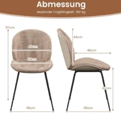2er Set Esszimmerstühle mit Metallgestell Küchenstuhl Polsterstuhl 49 x 65 x 87 cm Kaffee