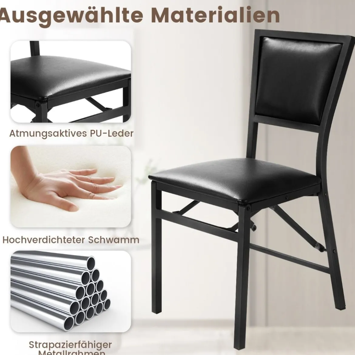 4er Set Esszimmerstühle mit Metallrahmen Klappbare Polsterstühle Küchenstühle