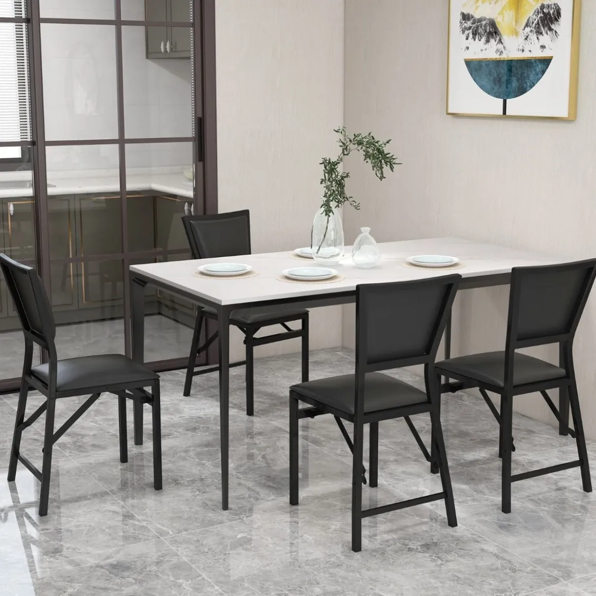 4er Set Esszimmerstühle mit Metallrahmen Klappbare Polsterstühle Küchenstühle