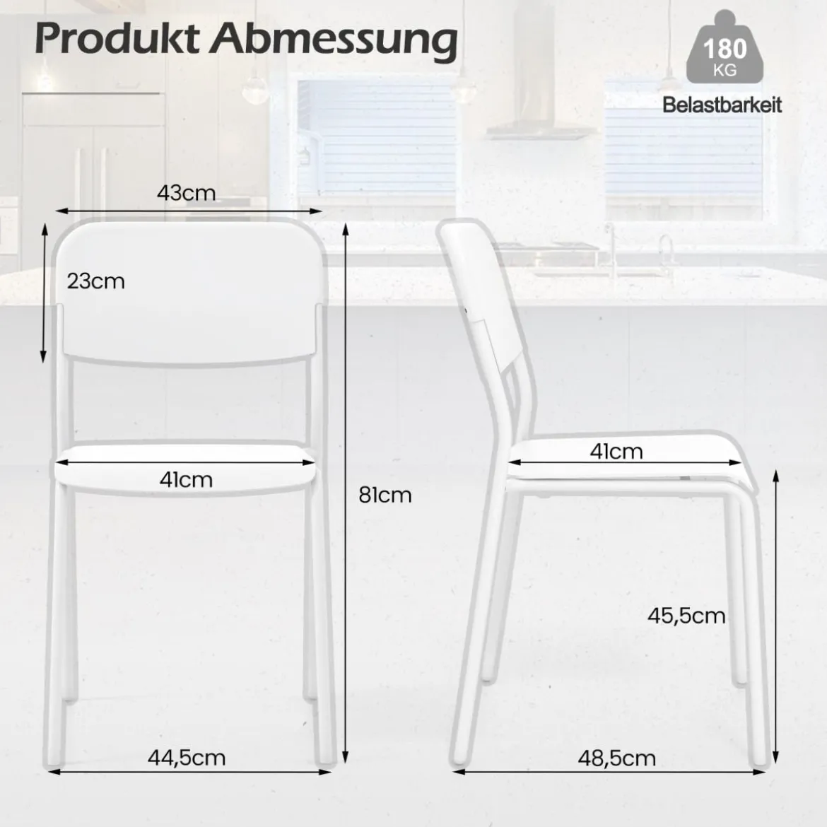 4er Set Esszimmerstühle mit Rückenlehne & Metallbeinen Stapelbare Küchenstühle aus PP