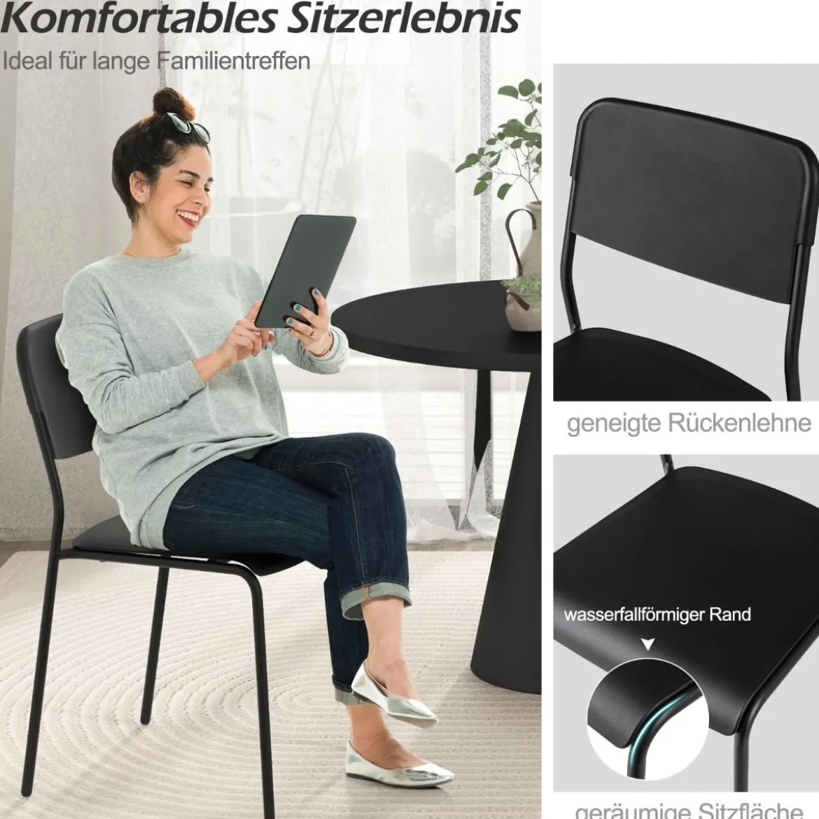 4er Set Esszimmerstühle mit Rückenlehne & Metallbeinen Stapelbare Küchenstühle aus PP