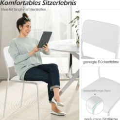 4er Set Esszimmerstühle mit Rückenlehne & Metallbeinen Stapelbare Küchenstühle aus PP