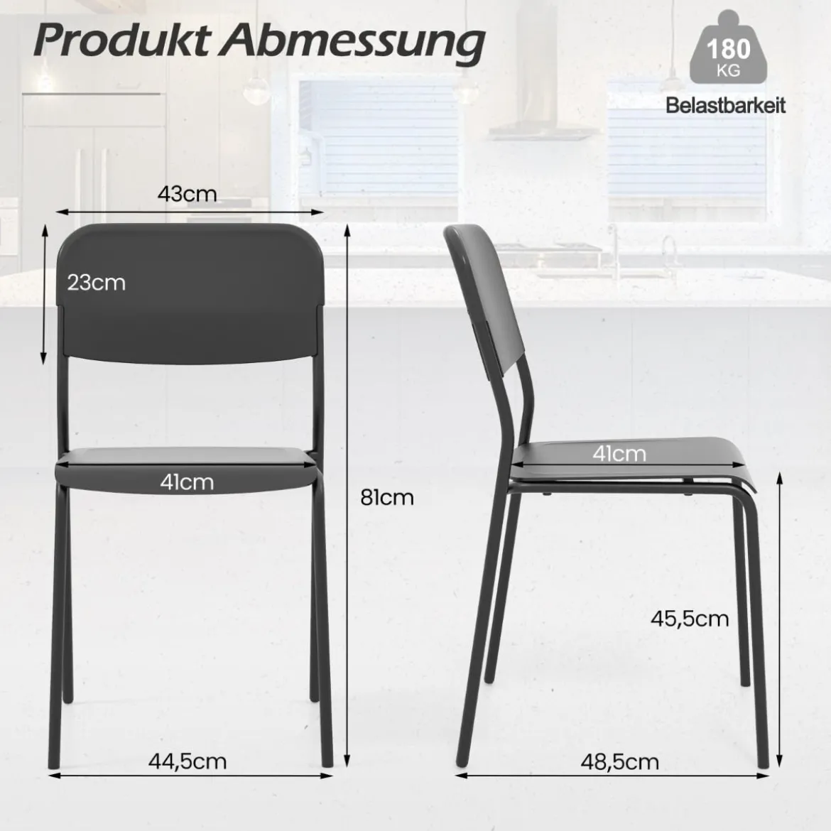 4er Set Esszimmerstühle mit Rückenlehne & Metallbeinen Stapelbare Küchenstühle aus PP