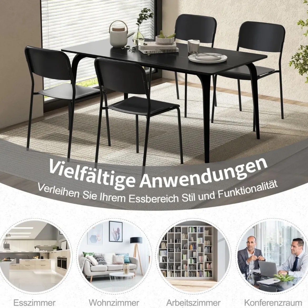 4er Set Esszimmerstühle mit Rückenlehne & Metallbeinen Stapelbare Küchenstühle aus PP