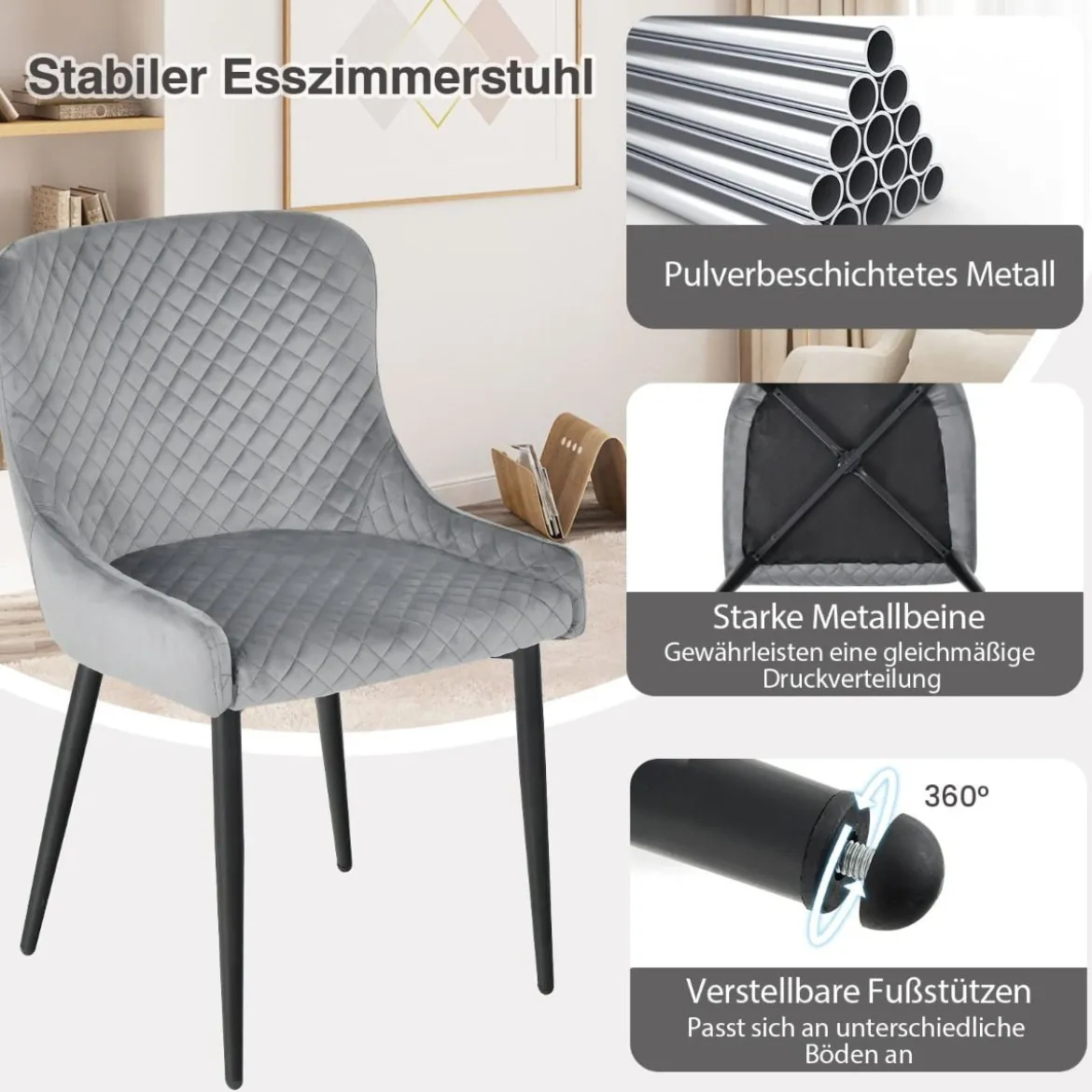 2er Set Esszimmerstühle mit Rücklehne und Metallbeinen Polsterstuhl Grau