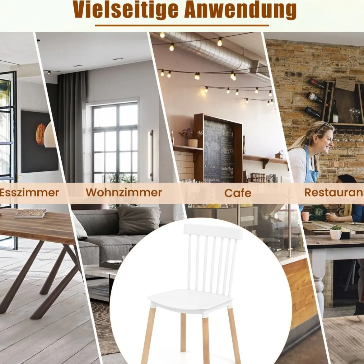 4er Set Esszimmerstühle mit Spindelrückenlehnen & Gebogenen Sitzen Armlose Stühle