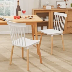 4er Set Esszimmerstühle mit Spindelrückenlehnen & Gebogenen Sitzen Armlose Stühle