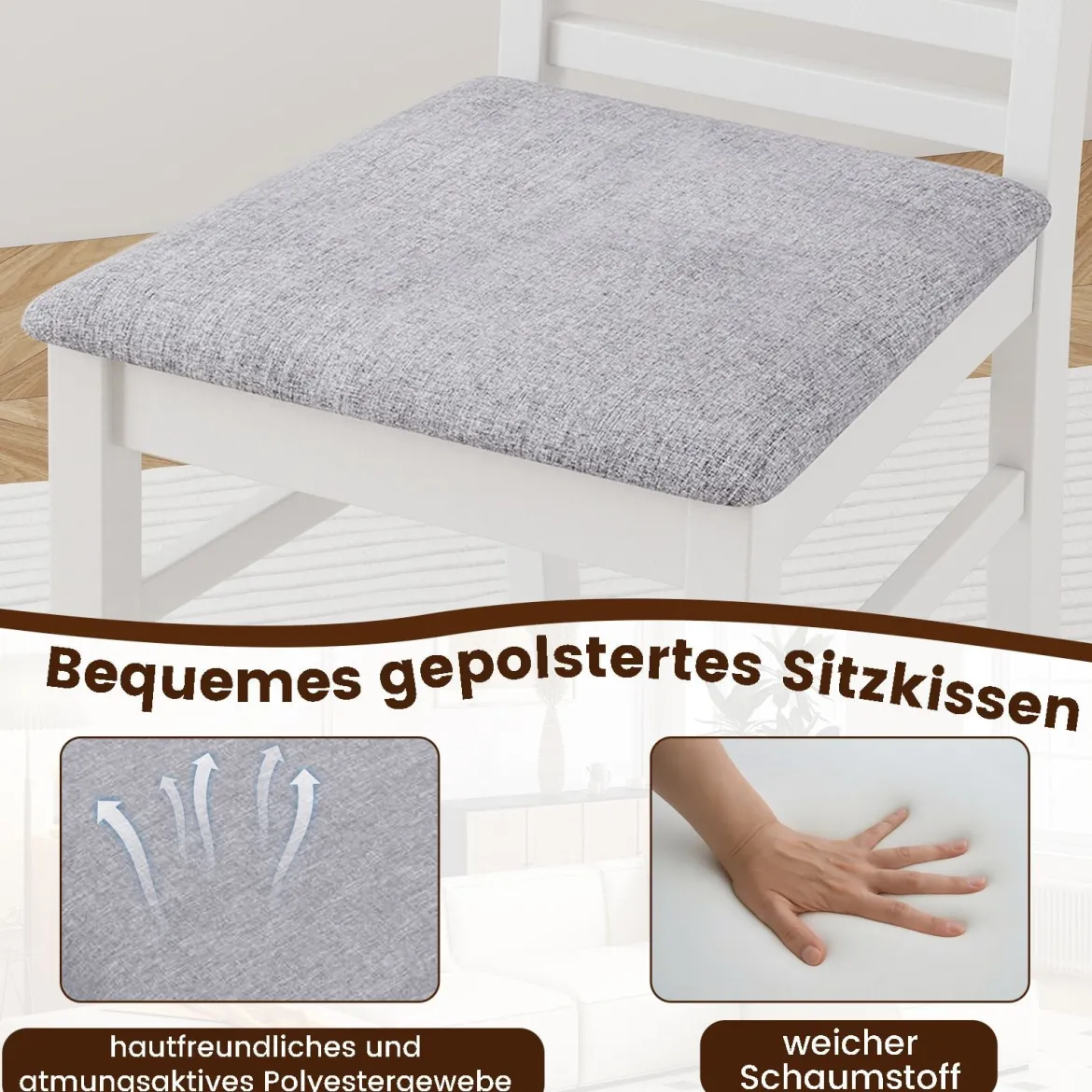 2er Set Esszimmerstühlen gepolsterte Küchenstühle ohne Armlehnen mit Gummibaumholz-Beinen Weiß+Grau