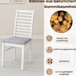 2er Set Esszimmerstühlen gepolsterte Küchenstühle ohne Armlehnen mit Gummibaumholz-Beinen Weiß+Grau