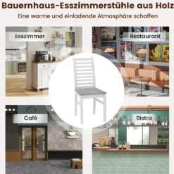 2er Set Esszimmerstühlen gepolsterte Küchenstühle ohne Armlehnen mit Gummibaumholz-Beinen Weiß+Grau