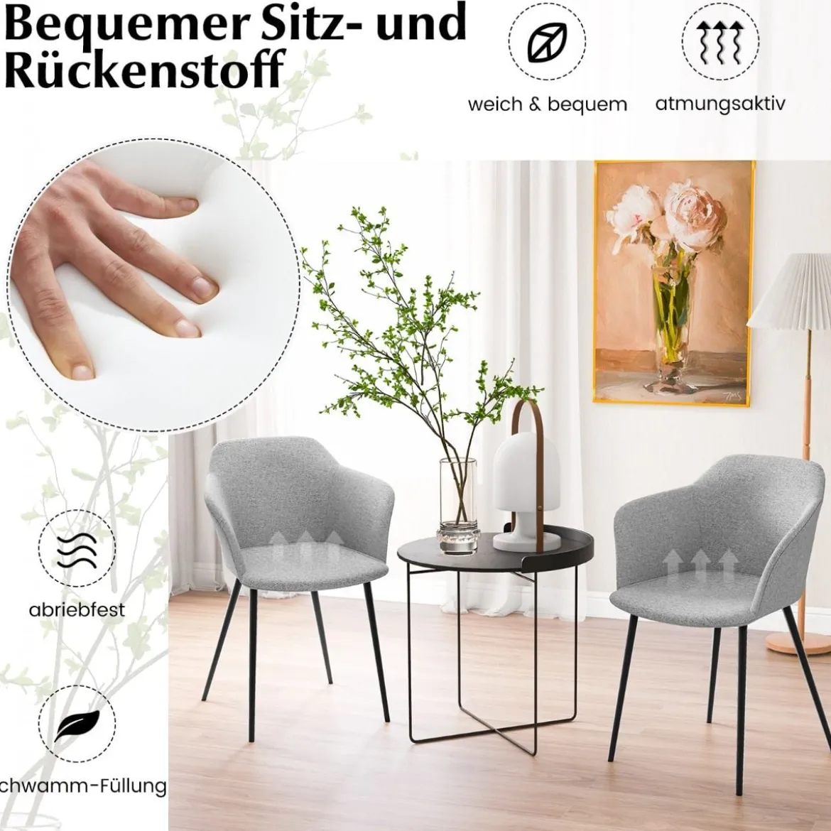 2er Set Esszimmerstühle Polsterstuhl mit ergonomischer Rückenlehne Gebrochenem Hellgrau