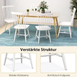 2er Set Esszimmerstühle Windsor Stuhl aus Holz mit Hoher Rückenlehne & Fußstütze Weiß
