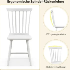 2er Set Esszimmerstühle Windsor Stuhl aus Holz mit Hoher Rückenlehne & Fußstütze Weiß
