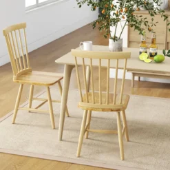 2er Set Esszimmerstühle Windsor Stuhl aus Holz mit Hoher Rückenlehne & Fußstütze Natur