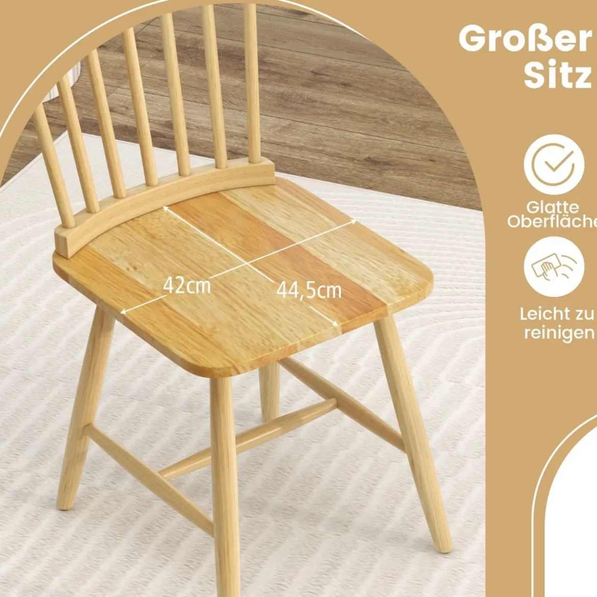 2er Set Esszimmerstühle Windsor Stuhl aus Holz mit Hoher Rückenlehne & Fußstütze Natur