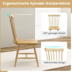 2er Set Esszimmerstühle Windsor Stuhl aus Holz mit Hoher Rückenlehne & Fußstütze Natur