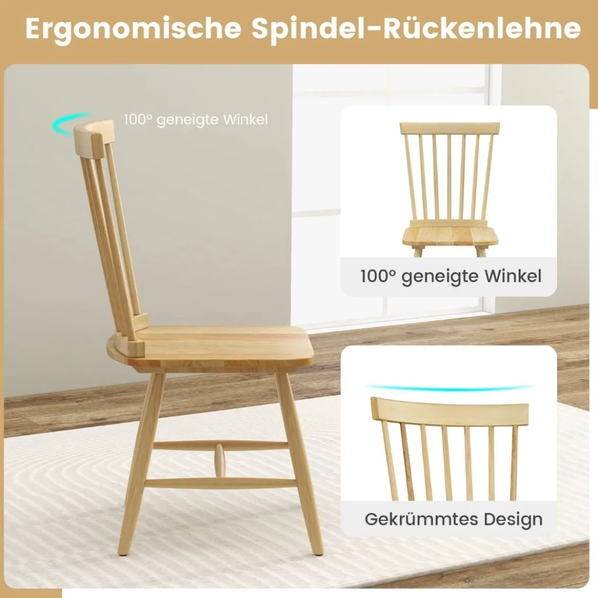 2er Set Esszimmerstühle Windsor Stuhl aus Holz mit Hoher Rückenlehne & Fußstütze Natur