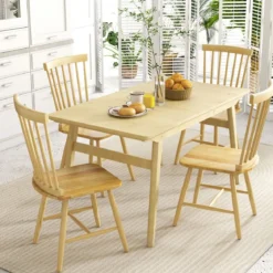 2er Set Esszimmerstühle Windsor Stuhl aus Holz mit Hoher Rückenlehne & Fußstütze Natur