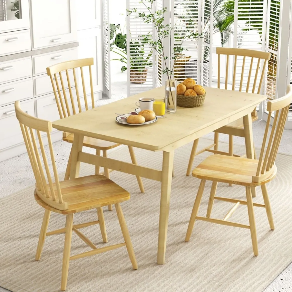 2er Set Esszimmerstühle Windsor Stuhl aus Holz mit Hoher Rückenlehne & Fußstütze Natur