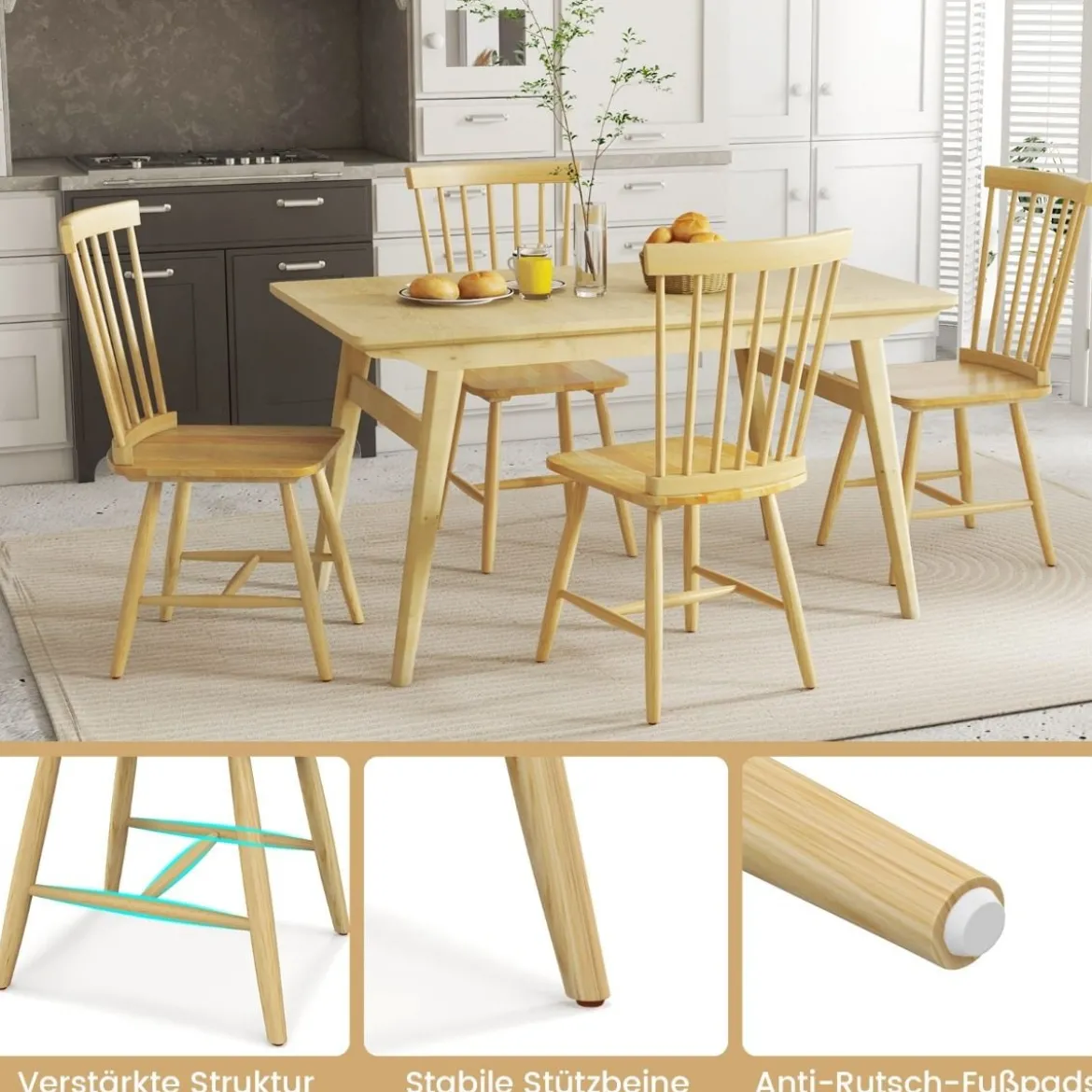 2er Set Esszimmerstühle Windsor Stuhl aus Holz mit Hoher Rückenlehne & Fußstütze Natur